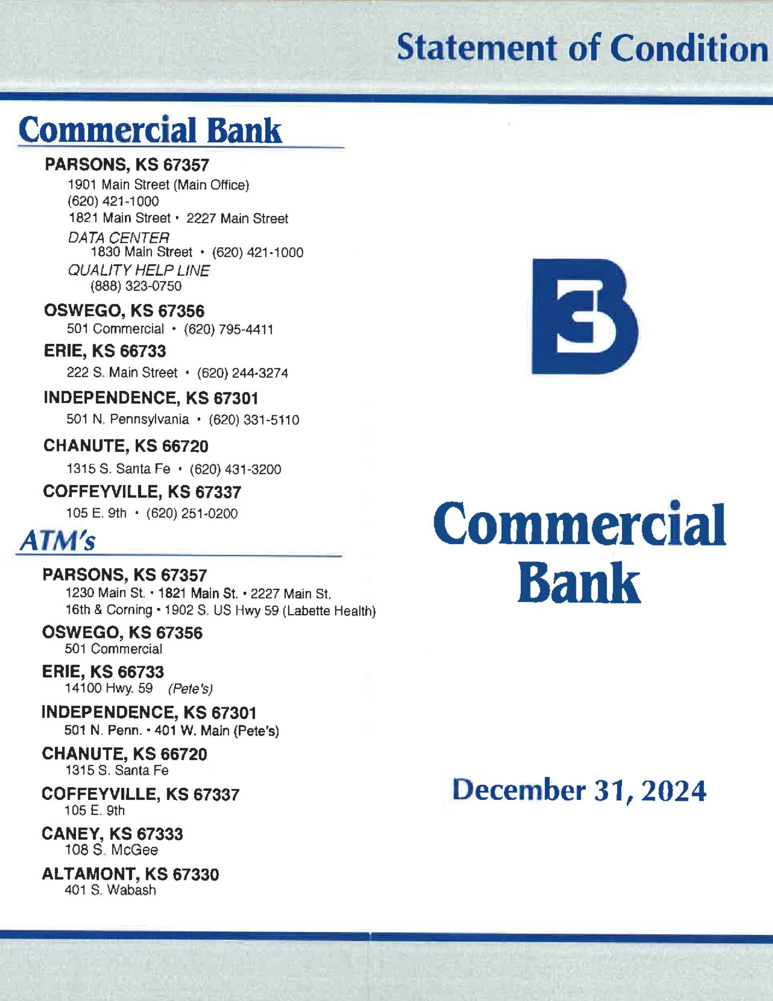 Statement of Condition Bank Locations and ATMS