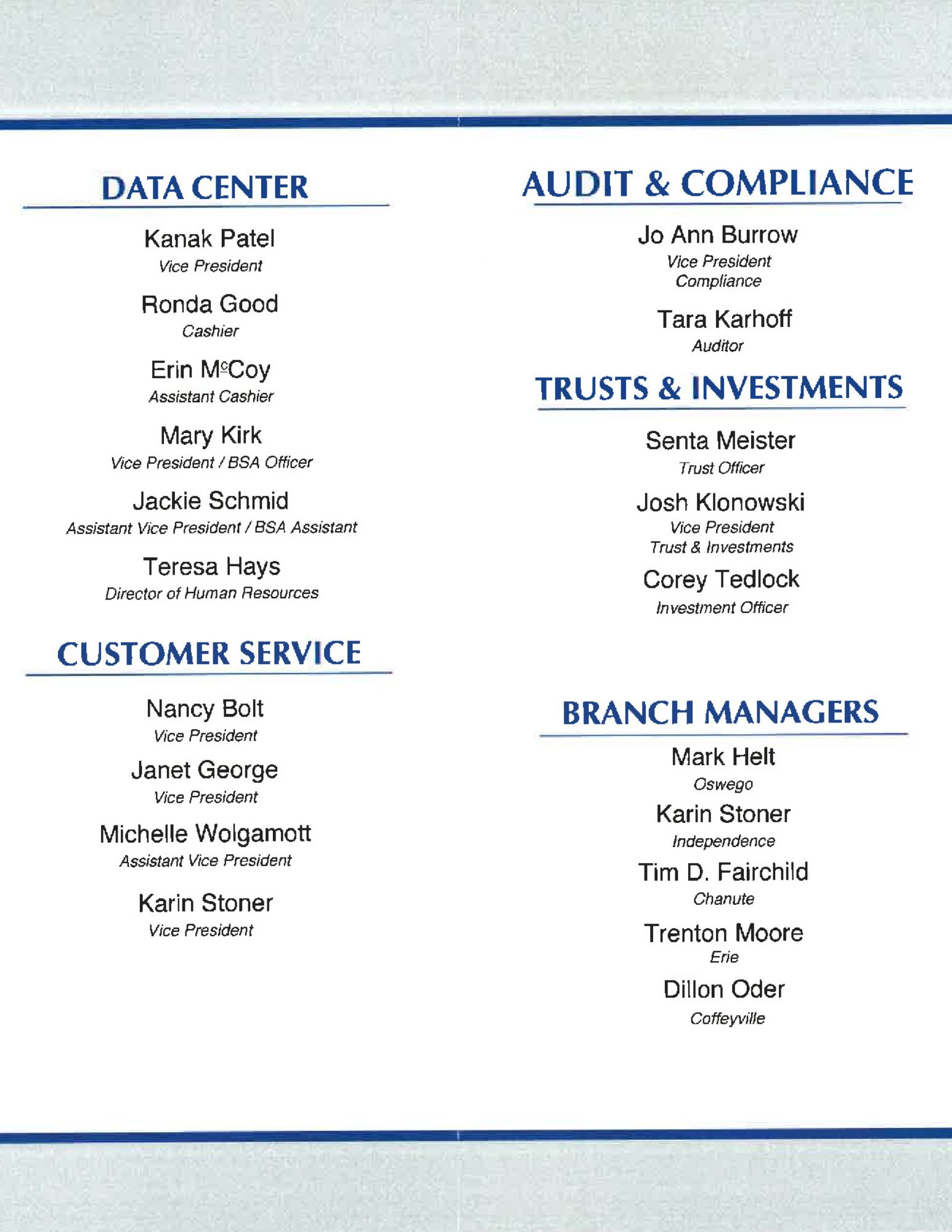 Statement of Condition Employee names