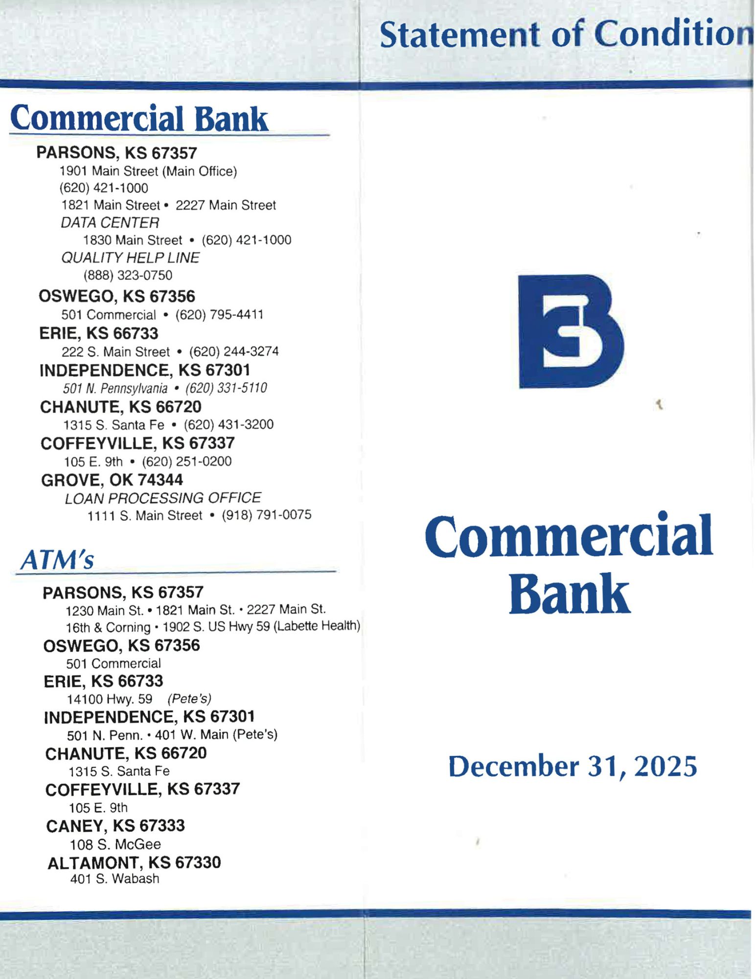 Statement of Condition cover and locations