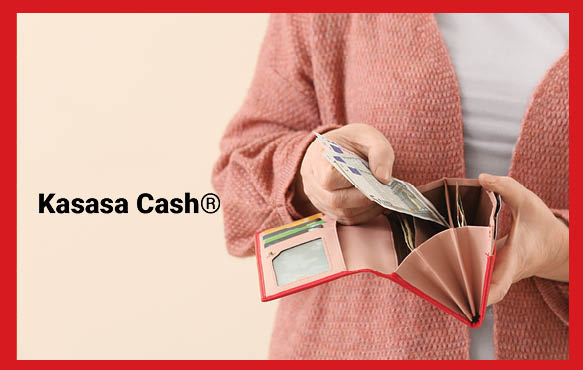 A woman pulling cash out of a wallet. The image has the words, "Kasasa Cash."