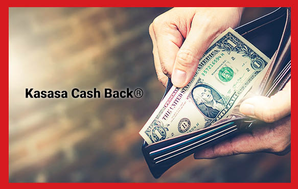A person holding an open wallet that shows a dollar bill. The image says Kasasa Cash Back.